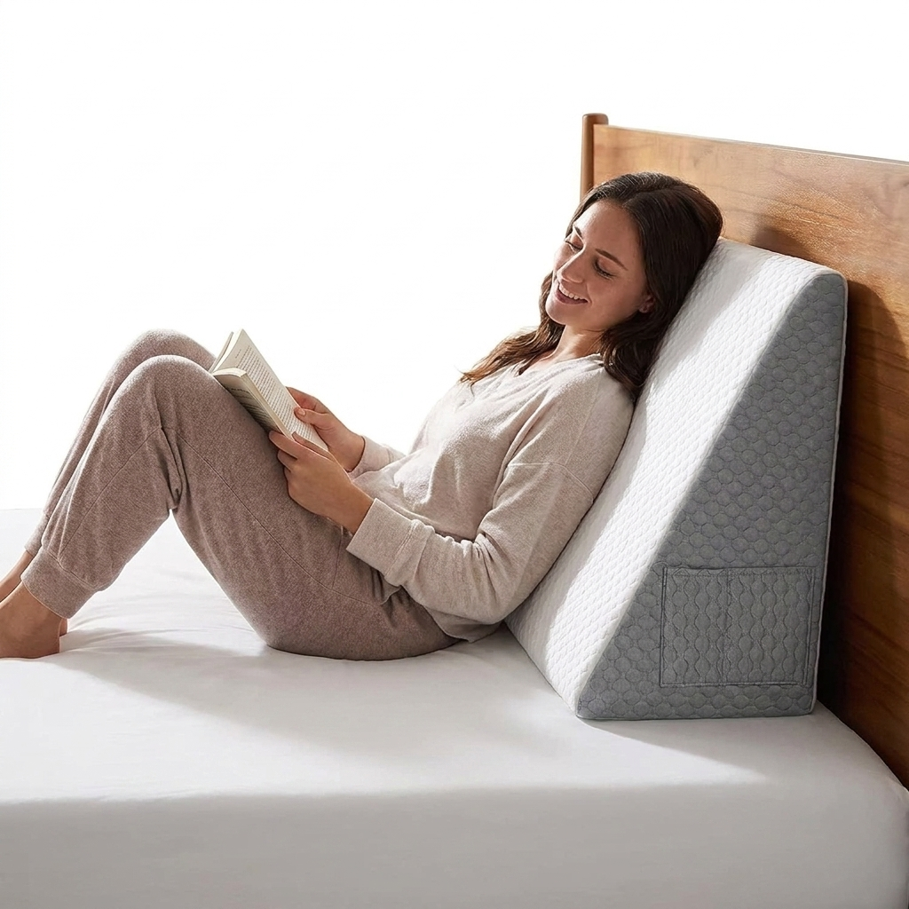 Orthopedic Wedge Pillow white background with headboard