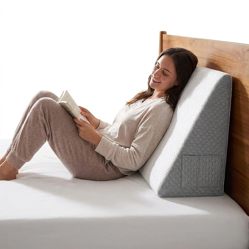 Orthopedic Wedge Pillow white background with headboard